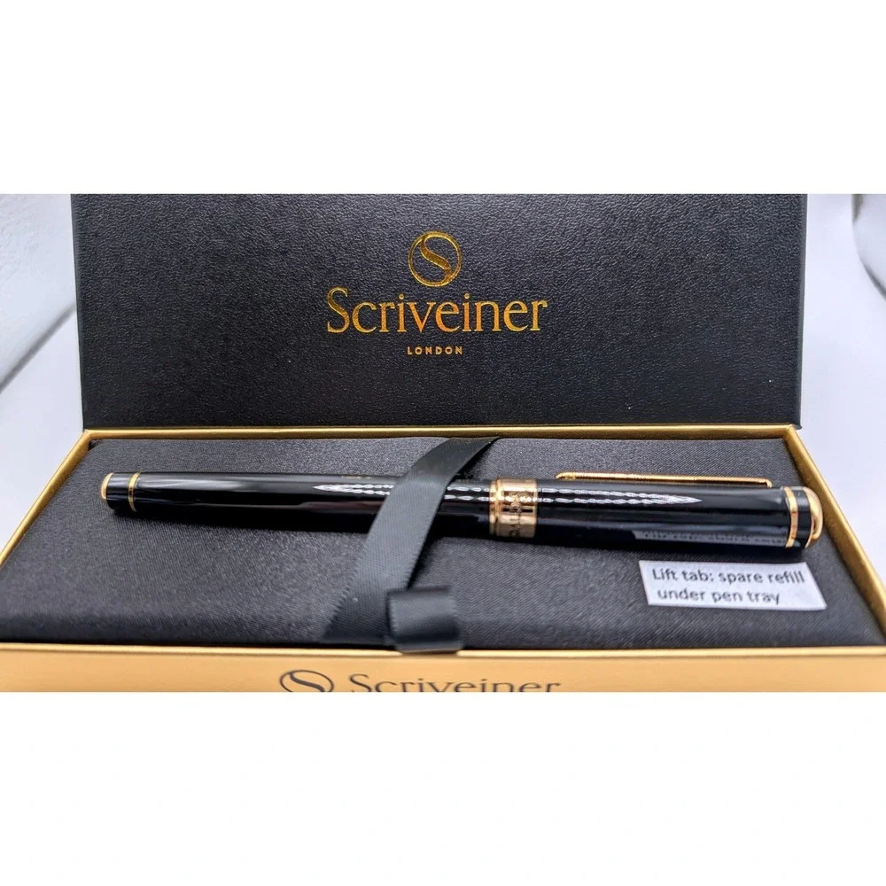 Scriveiner London Luxury Ballpoint Pen‎ Black Lacquer 24K Gold Finish